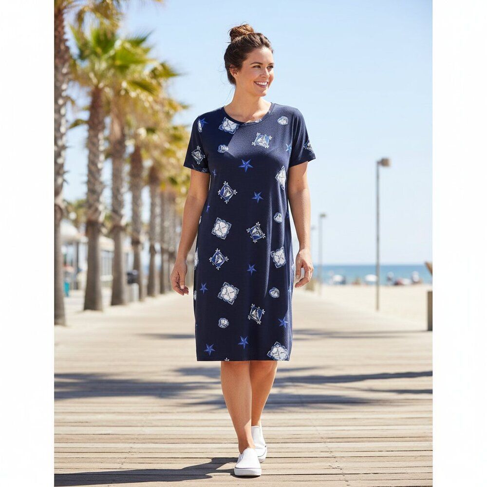 Karen Scott Sport Shift Dress Navy Blue Shell Print Short Sleeve Womens size XL